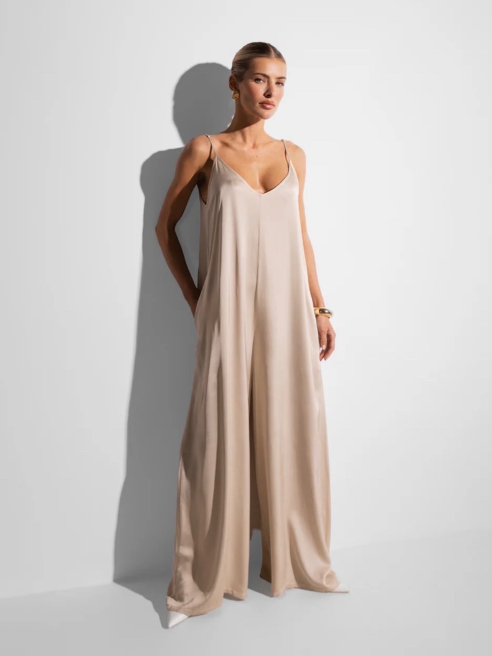 JAKI London Audrey Satin Jumpsuit Light Beige Size S NWOT